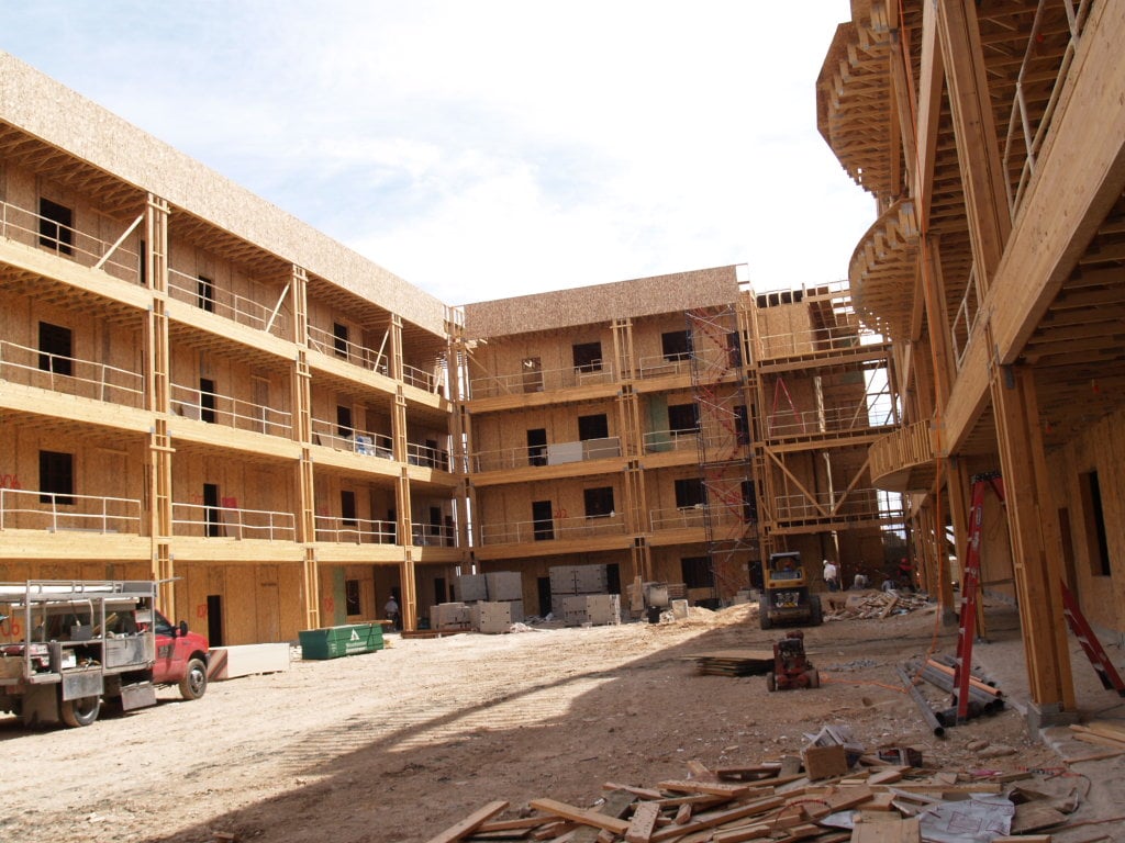 SIP wall panels being installed on the four-story Sarann Knight Apartments in Las Vegas