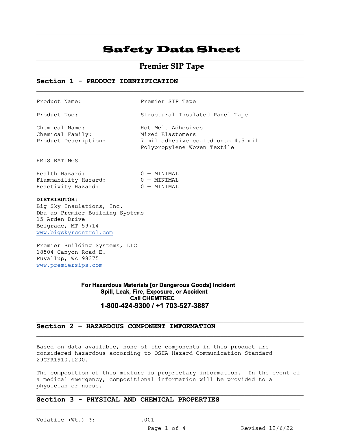 Premier SIP Tape SDS Safety Data Sheet